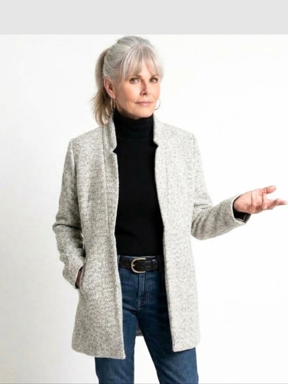 Entro Womens Cream Colir Tweed Nehru Collar Open Fully Lined Coat Size M